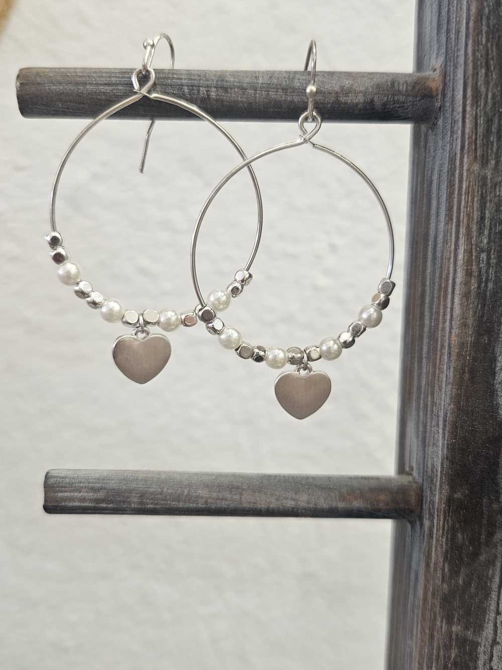 Silver Heart Hoop Earrings with Pearl Accents